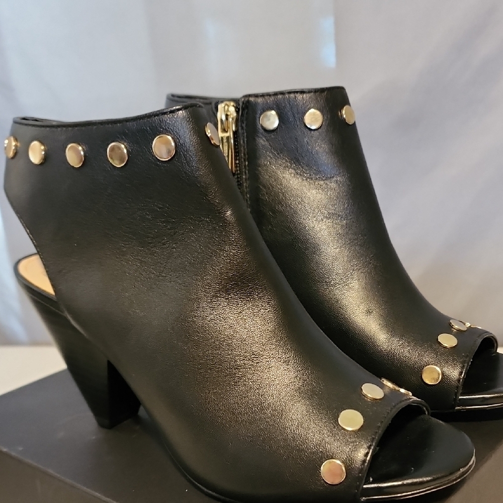 Vince Camuto Black and Gold Heeled Boots with Studded Detailing - Picture 6 of 8